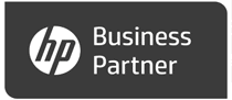 Logo HP Business Partner blanc sur fond noir rectangulaire.