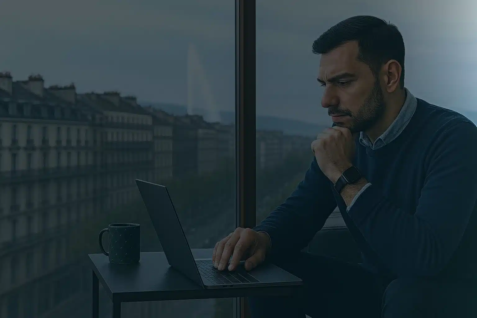 Technicien informatique à Genève travaillant sur un ordinateur portable, avec le Jet d’Eau au fond.