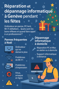 Infografik Computerreparatur und -pannen in Genf während der Feiertage, häufige Pannen an Weihnachten und Computerpannen zu Hause