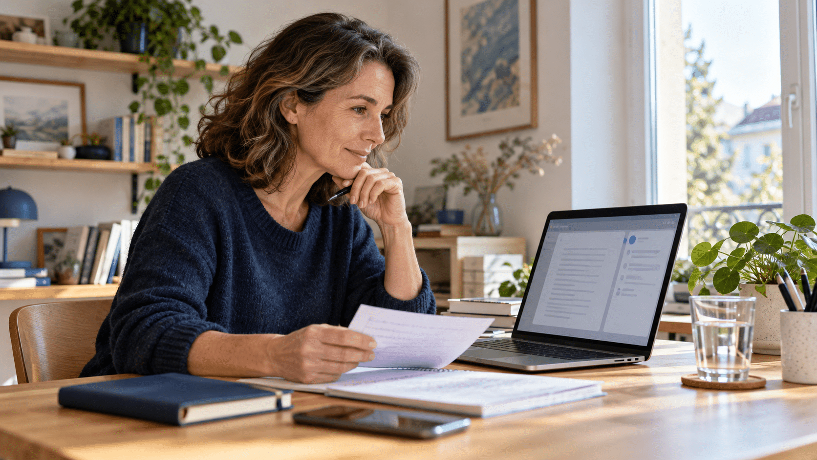 Une personne vérifie des documents à côté de son ordinateur portable dans un espace de travail lumineux